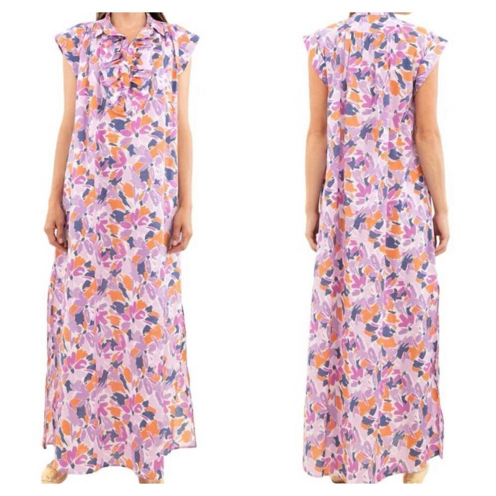 A Shirt Thing Womens Lilly Maxi Dress Size XS Ruffle V Neck Floral Artsy Purple